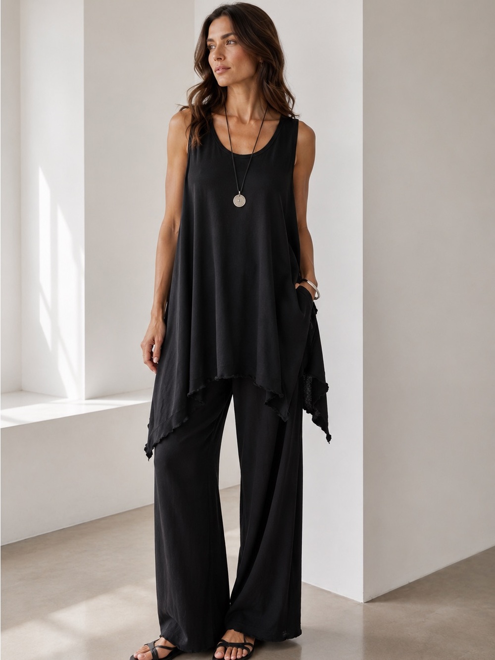 Planet Lauren G Black Sleeveless Tunic Top Oversized Lettuce Hem Artsy Lagenlook